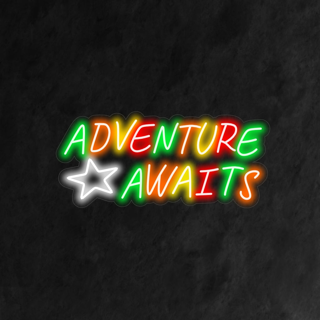 Neonreclame met de tekst "Colorful Adventure Awaits" - Een spannend en levendig neonlicht met de tekst "Colorful Adventure Awaits". Hiermee geeft u uw ruimte een levendige energie en een gevoel van avontuur.
