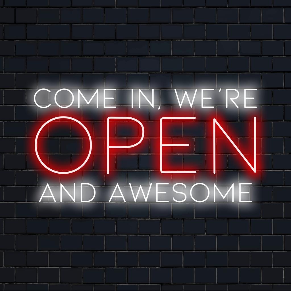 Een op maat gemaakt LED-neonbord met de tekst 'Come In We're Open And Awesome', ideaal om een levendige en gastvrije decoratie toe te voegen.