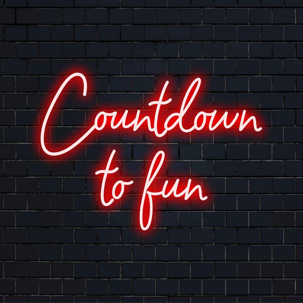 Levendig led-neonbord met Countdown To Fun, perfect voor levendige ruimtes. Een gepersonaliseerde neonlichtkunst die uw interieur verfraait.