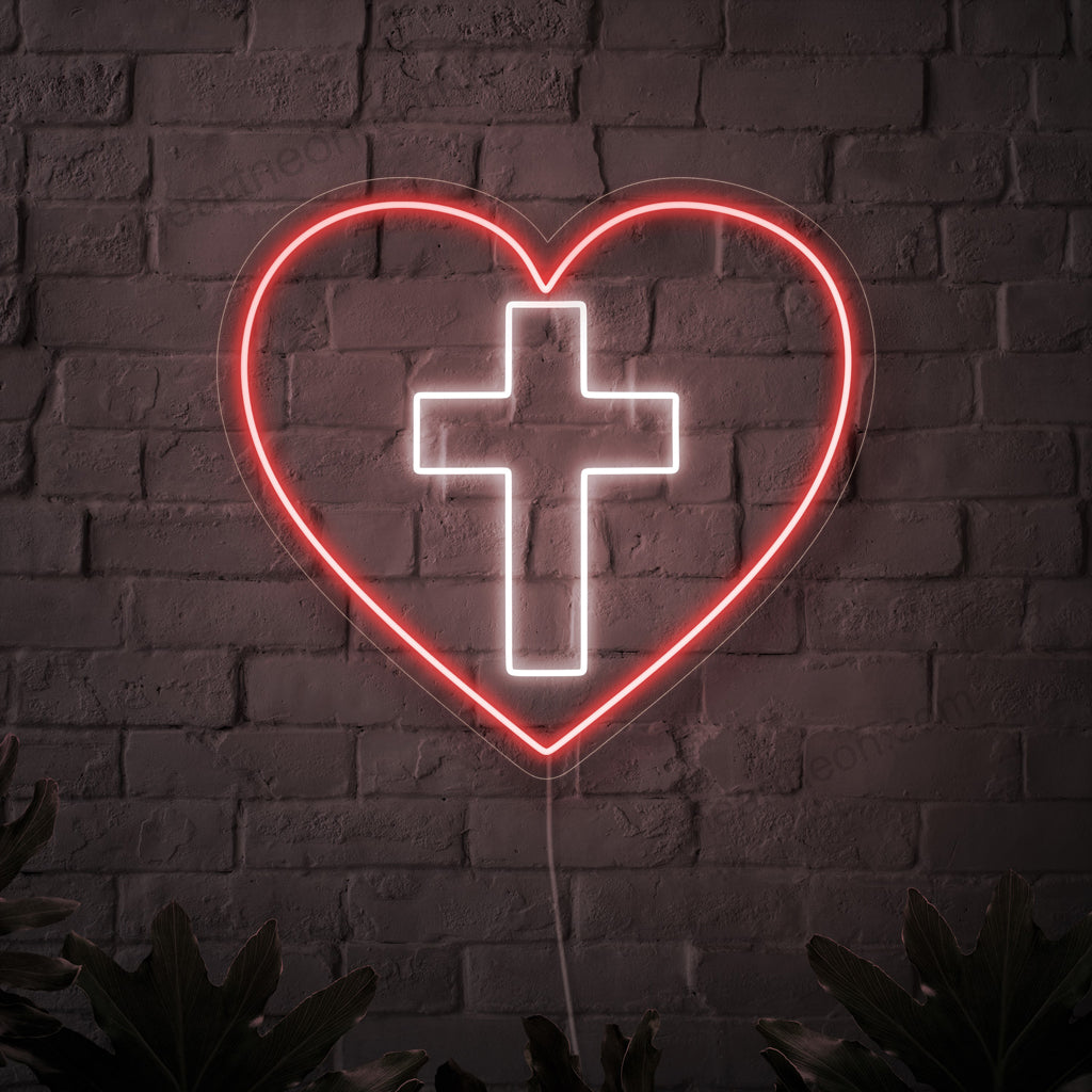 "Neonbord met kruis en hart" - Een spiritueel neonlicht met een symbolisch kruis en hart, dat uw ruimte warmte geeft.