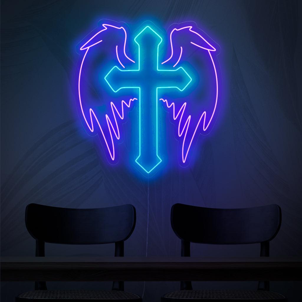 "Neonreclame met kruis en engelenvleugels" ��� Een engelachtig en spiritueel neonlicht in de vorm van een kruis versierd met engelenvleugels, dat uw ruimte vult met sereniteit en hemelse charme.