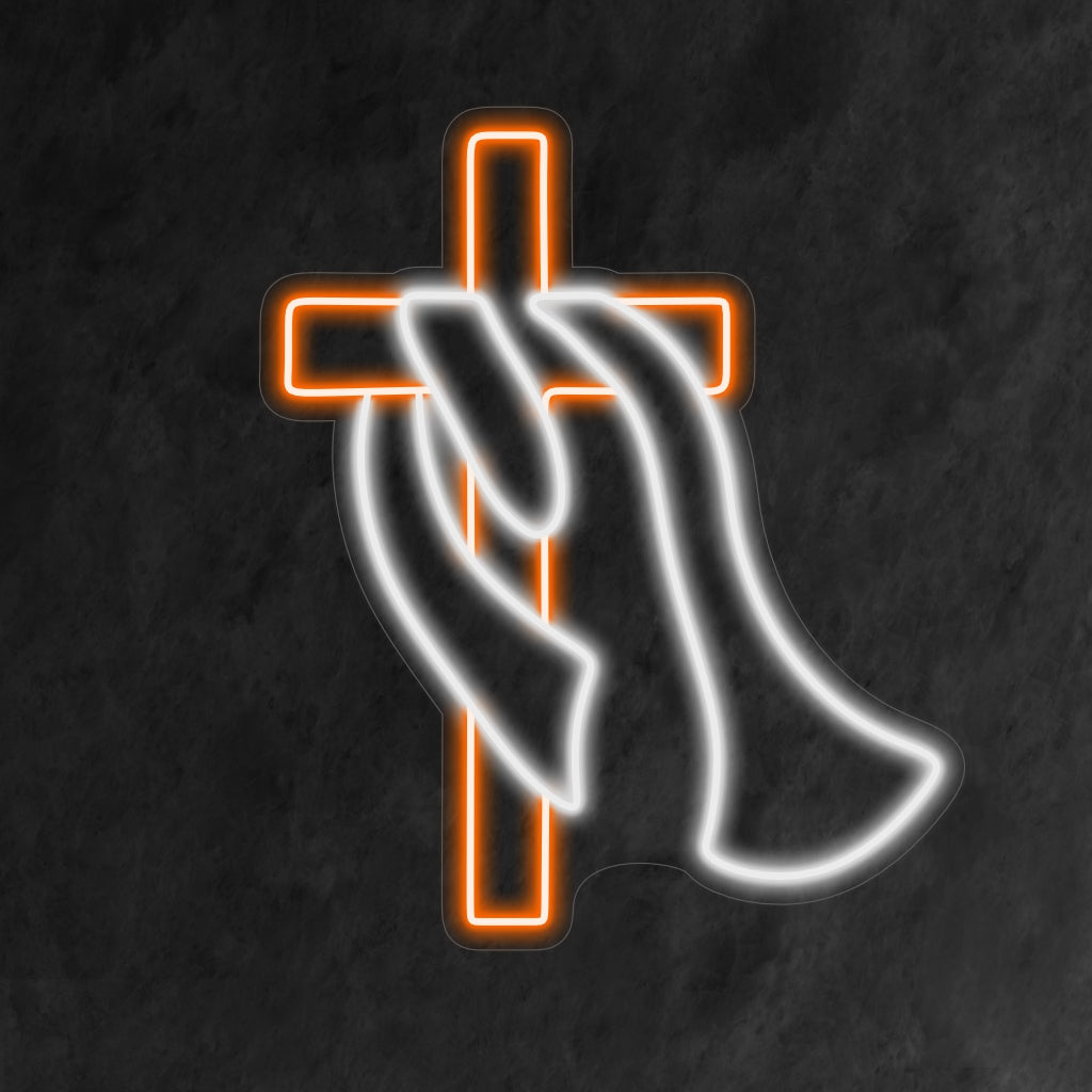 "Neonreclame met kruis en sjaal" - Een uniek en stijlvol neonlicht met een kruis en een sjaal erop. Hiermee geeft u uw ruimte een levendige en eigentijdse charme.
