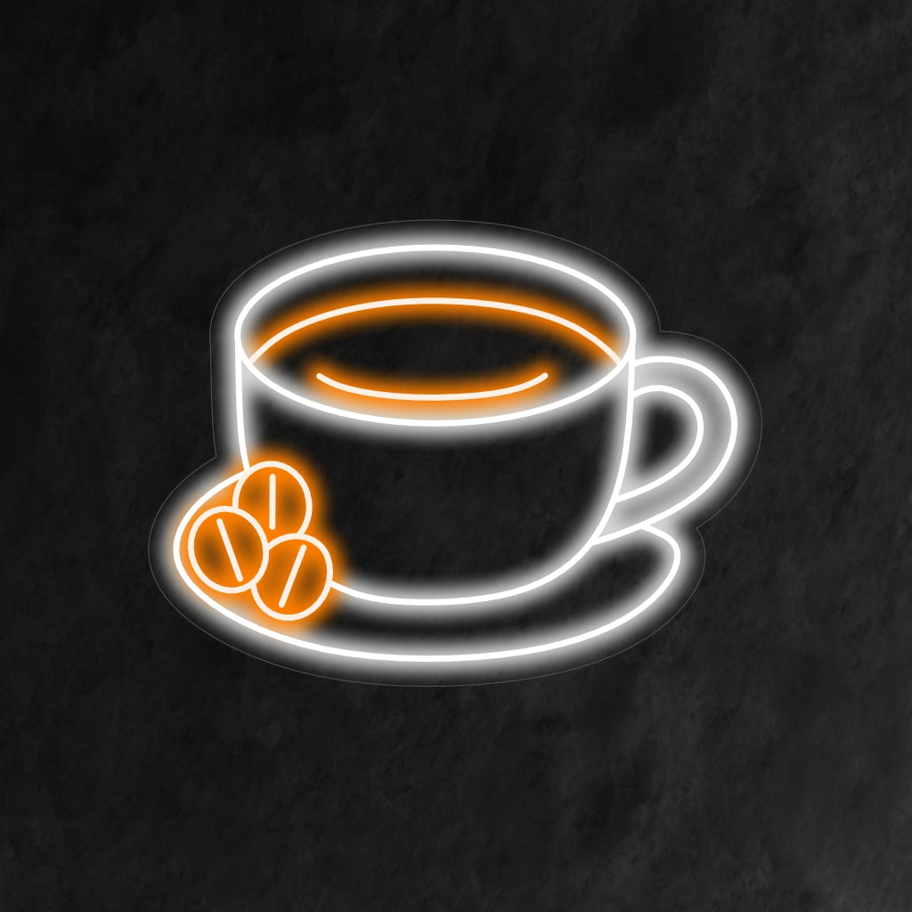 "Kop op een schotel met koffie neonreclame" ��� Een gezellig en uitnodigend neonlicht dat een kop op een schotel met koffie laat zien, waardoor uw koffiehoek of café een warme en aromatische ambiance krijgt.