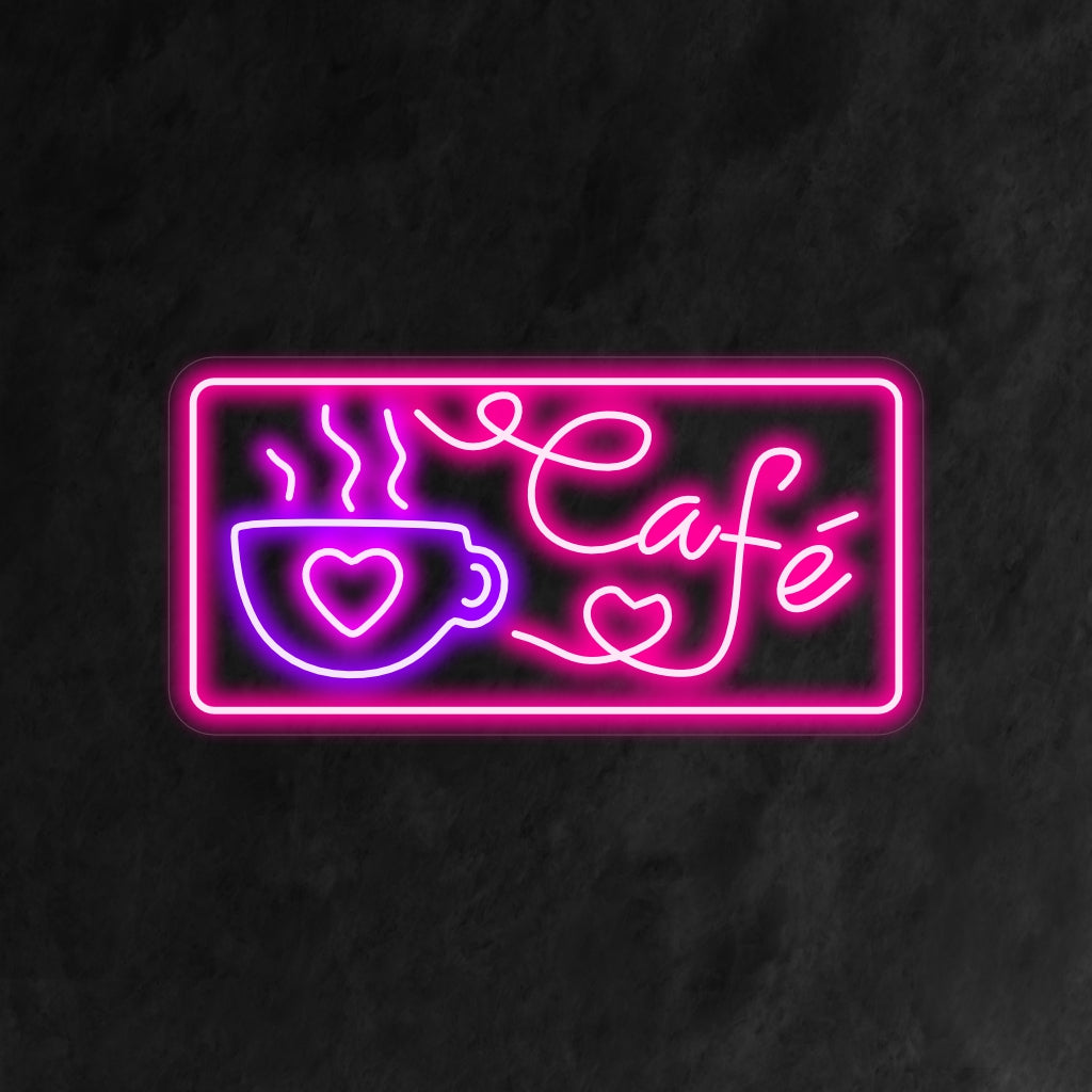"Leuk neonbord in de vorm van een koffiekopje in een café" - Een charmant en uitnodigend neonlicht met een schattig koffiekopje, dat uw koffiezaak of café een warme en gezellige sfeer geeft.