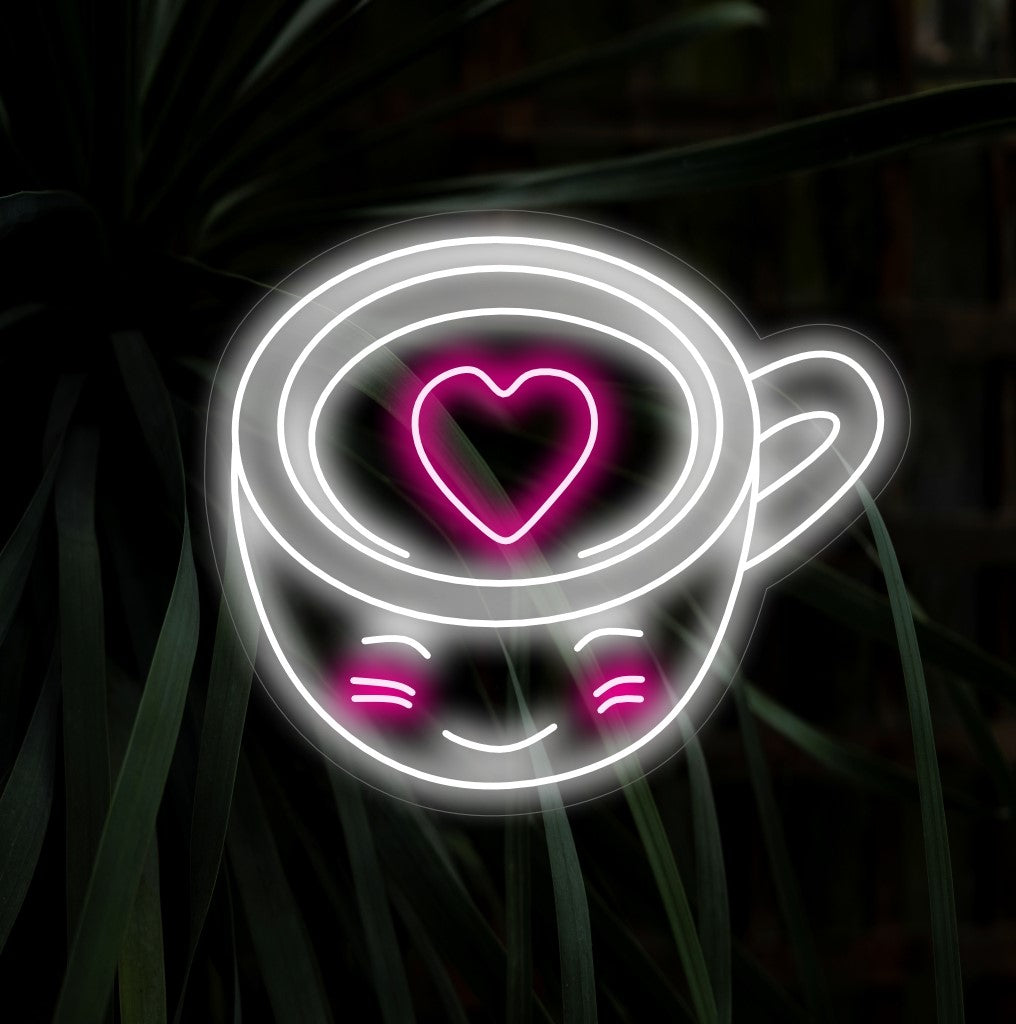"Leuke vrolijke koffiekop met hart neonreclame" verlicht uw ruimte met vreugde en is een perfecte aanvulling op uw koffiehoek.