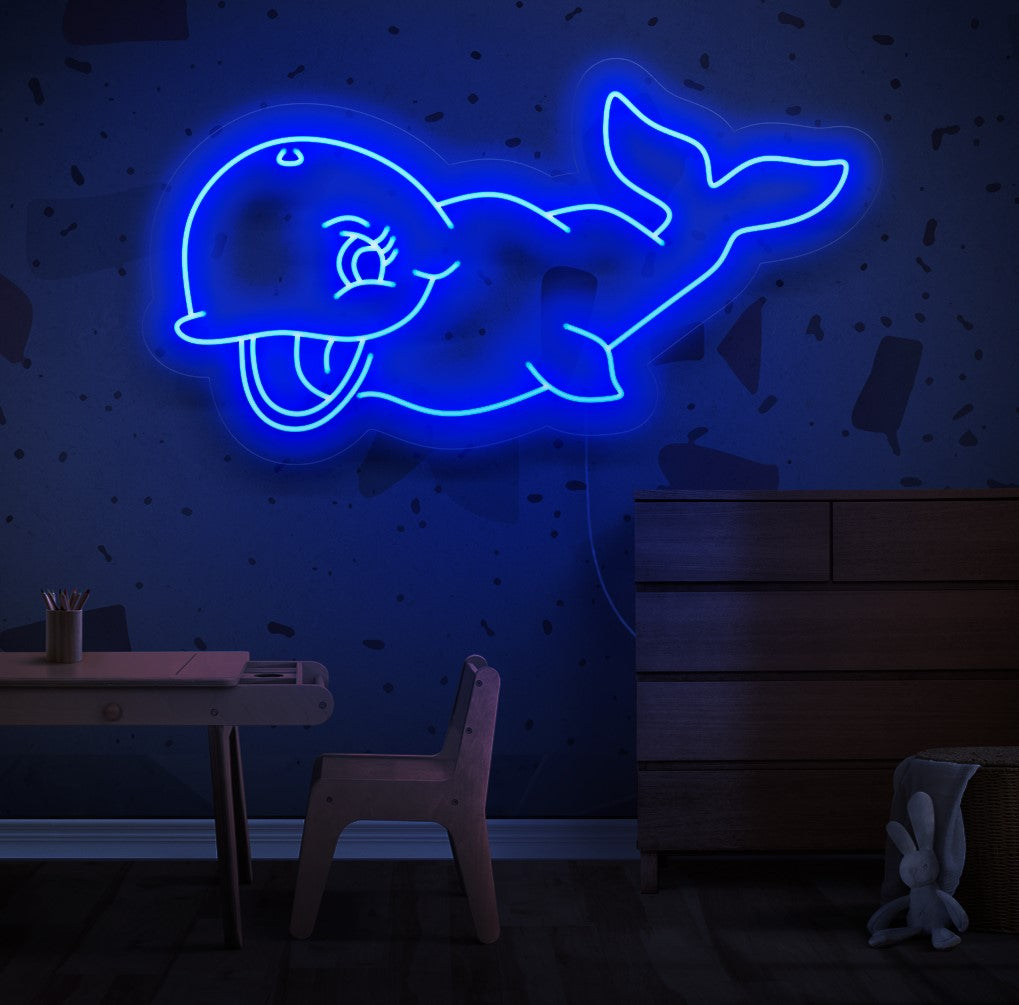 Het neonbord "Cute Whale Smile" licht op en vult uw ruimte met vrolijkheid en een schattige sfeer. Ideaal voor het creëren van een speelse en leuke sfeer in slaapkamers of speelruimtes.