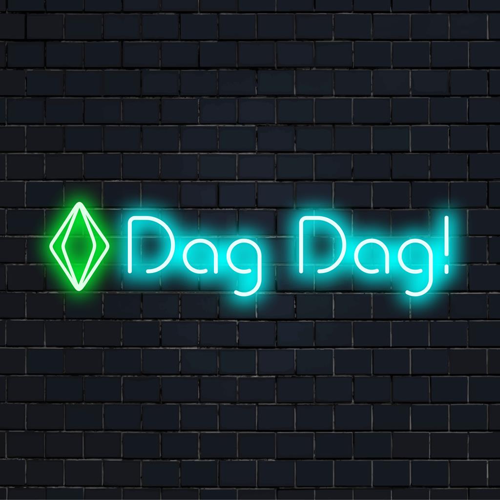 Levendig, veelkleurig LED-neonbord met de tekst Dag Dag! met een uitroepende flair; perfect voor gepersonaliseerde neoncitatenkunst.