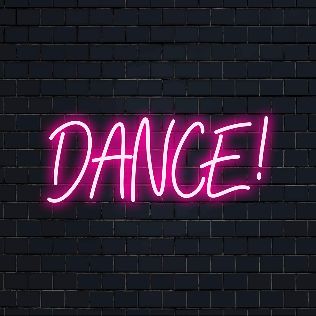 Levendige neon wanddecoratie met Dance! die schitterend oplicht; een dynamisch, op maat gemaakt LED-ontwerp dat elke ruimte opvrolijkt.