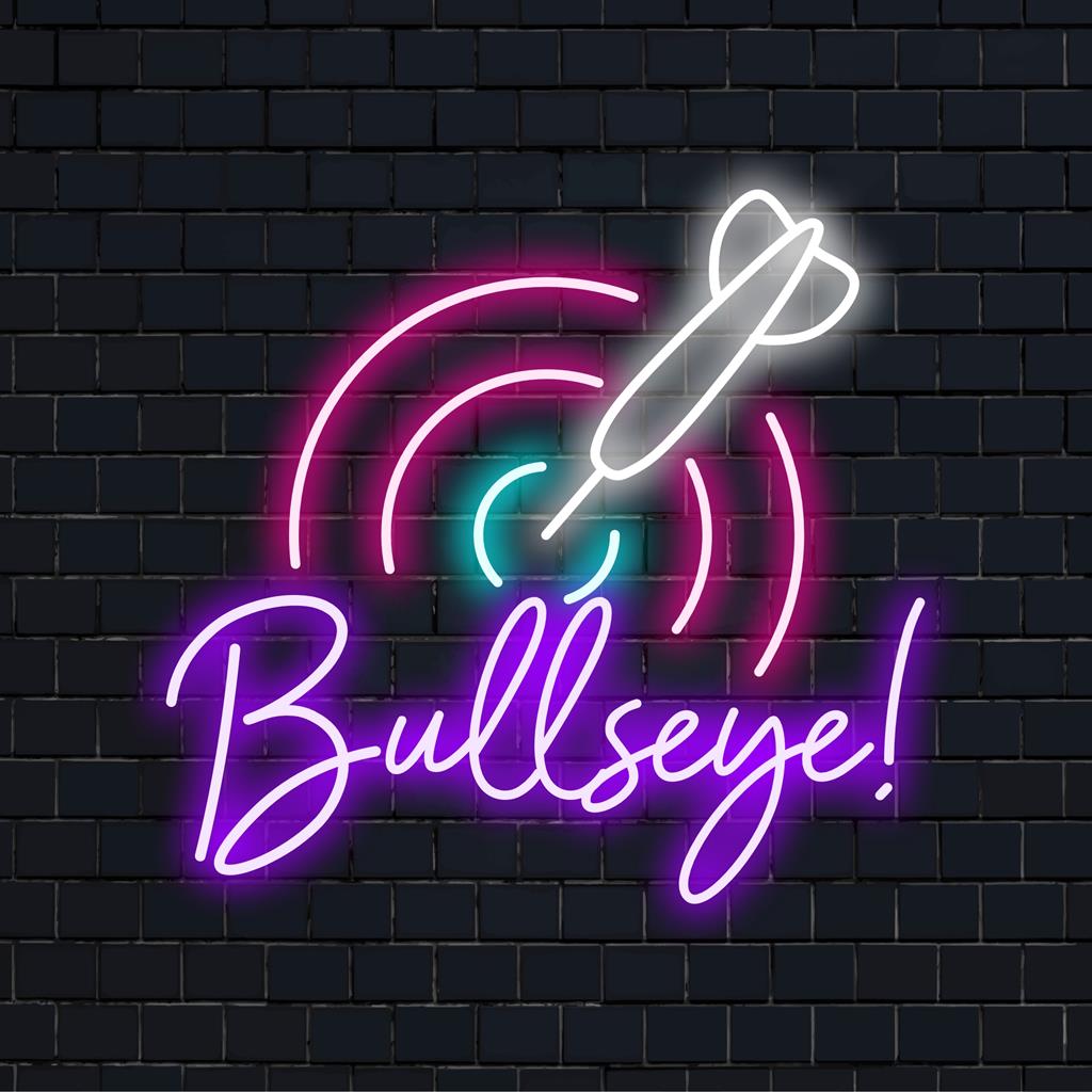 Kleurrijk Darts Bullseye LED-neonbord als levendige neonverlichting voor spelkamers en sportliefhebbers.