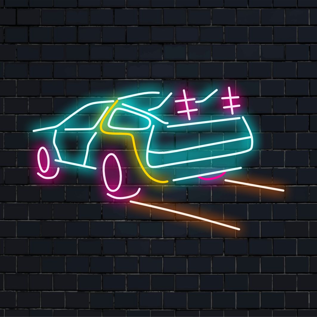 LED-neonreclame in de vorm van de DeLorean-tijdmachine, perfect voor persoonlijke decoratie; unieke neonmuurkunst voor retroliefhebbers.