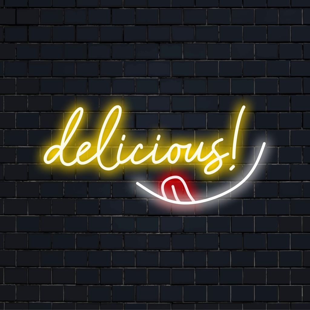 Levendig, op maat gemaakt LED-neonbord met de tekst 'Delicious!'. Perfect om charme en licht toe te voegen aan elke ruimte.