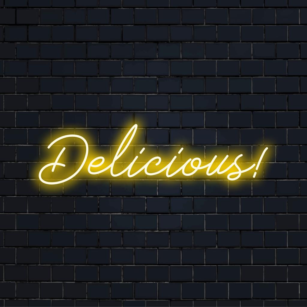 Levendig LED-neonbord met de tekst 'Delicious!', perfect om elke ruimte een unieke en opvallende uitstraling te geven.