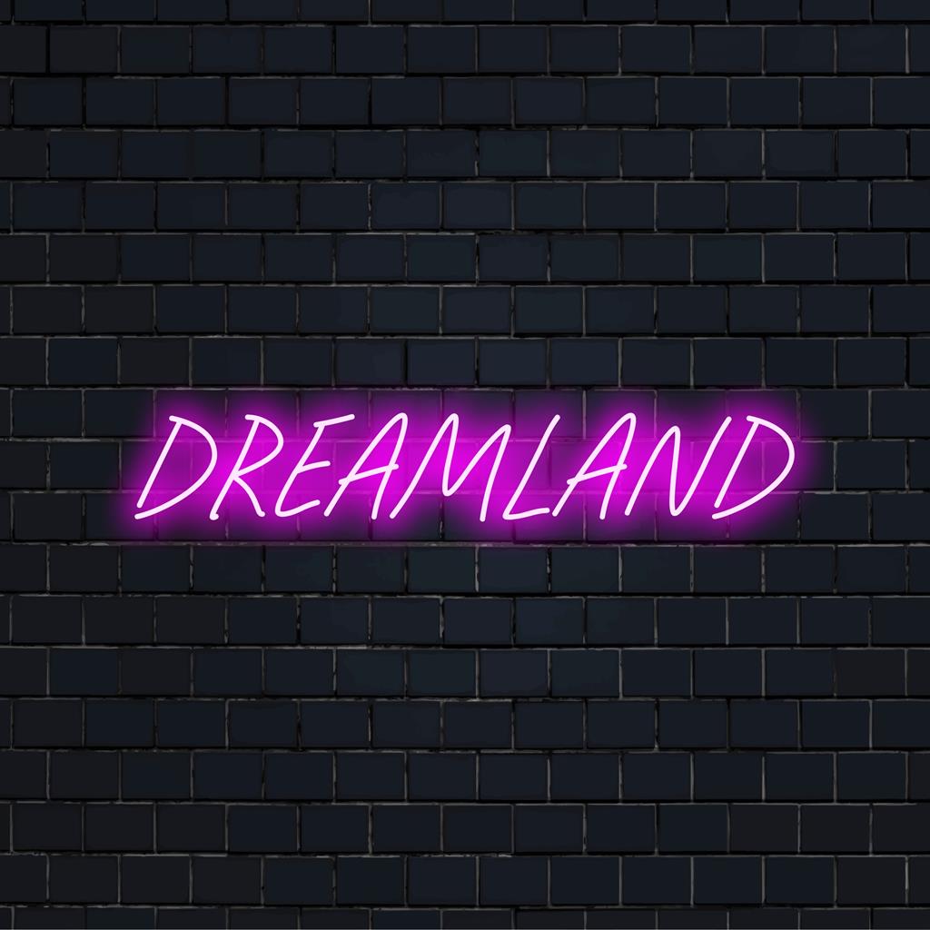Levendig led-neonbord met Dreamland, perfect om elke ruimte te personaliseren met een gezellige, artistieke gloed. Neonlichtdecoratie.