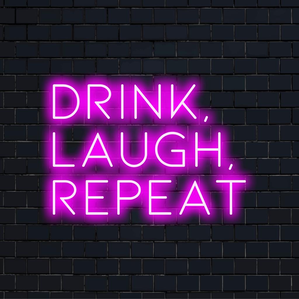 Levendig LED-neonbord met de tekst Drink, Laugh, Repeat: een perfect gepersonaliseerd neoncitaat voor een levendige sfeer.