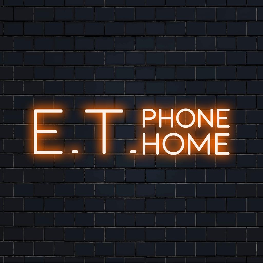 Op maat gemaakt LED-neonbord met E.T. Phone Home in levendig licht, een combinatie van retrocharme en moderne neondecoratie.