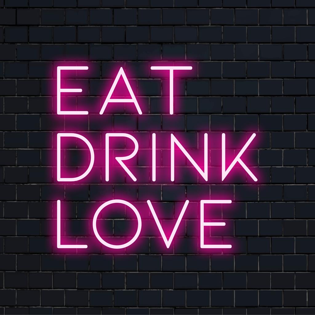 Een op maat gemaakt LED-neonbord met de tekst Eat Drink Love, perfect voor een levendige muurdecoratie en een verfraaiing van elke gepersonaliseerde ruimte.