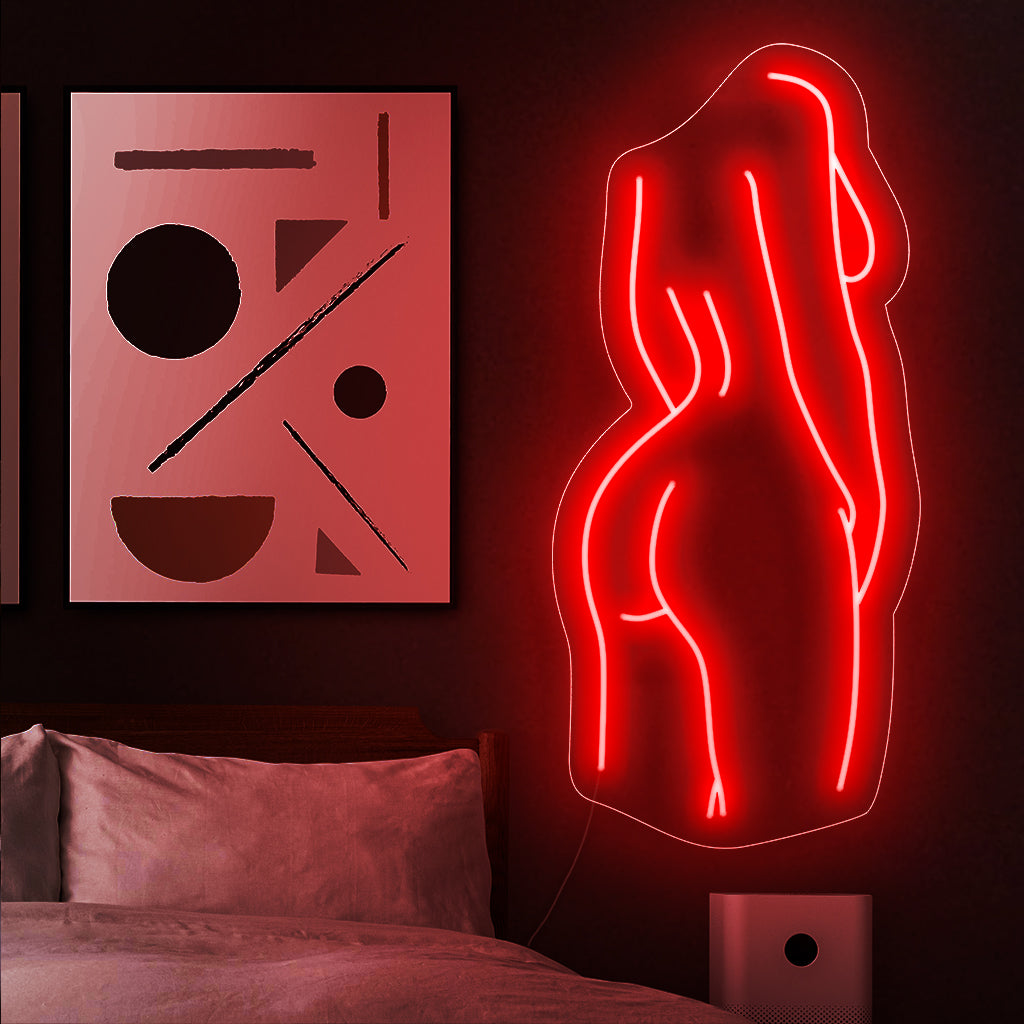 "Elegant Nude Body Neon Sign" is een esthetische uiting die de schoonheid en gratie van het menselijk lichaam vanuit een artistiek perspectief benadrukt.