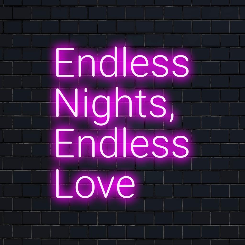 Levendig, op maat gemaakt LED-neonbord met de tekst Endless Nights, Endless Love als verbluffende neonverlichting voor uw ruimte.