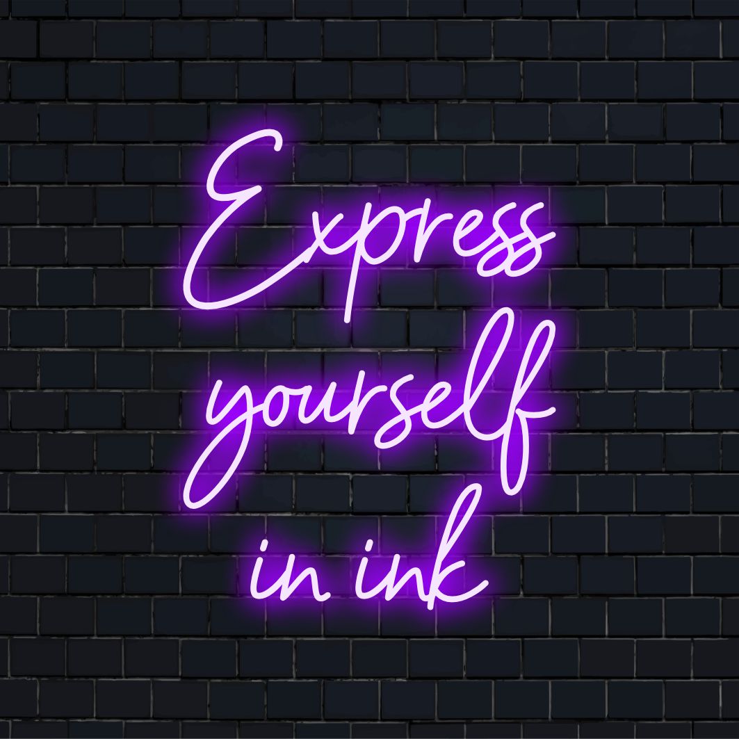 Levendig LED-neonbord met de titel Express Yourself In Ink, perfect als opvallende neonmuurkunst voor creatieve expressie.