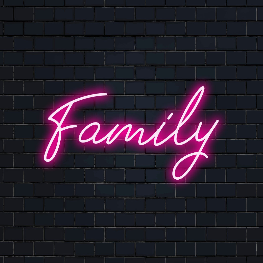 Op maat gemaakt LED-neonbord met het woord Family in elegante letters; perfect voor het toevoegen van warme, gepersonaliseerde neonverlichting.