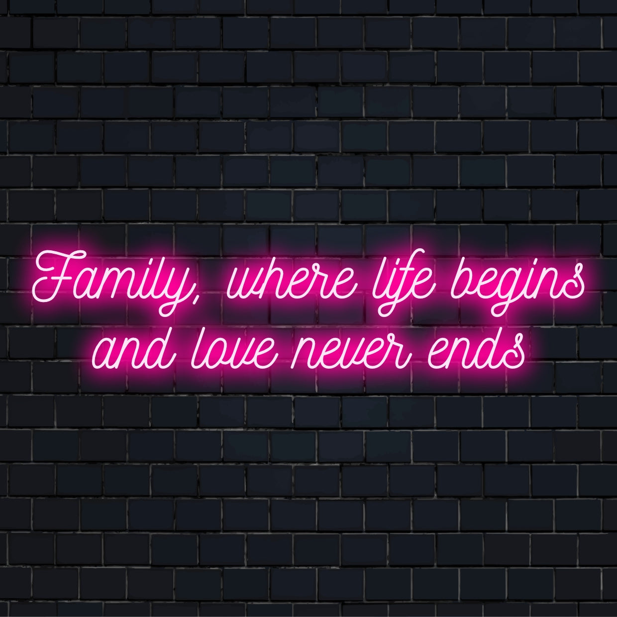 Een gepersonaliseerd LED-neonbord met de tekst Family Where Life Begins and Love Never Ends, perfect voor een oprechte interieurinrichting.