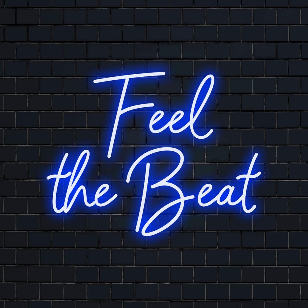 Levendig Feel The Beat LED-neonbord, perfect voor het opfleuren van elke ruimte met zijn betoverende gloed en op maat gemaakte neondecoratie.