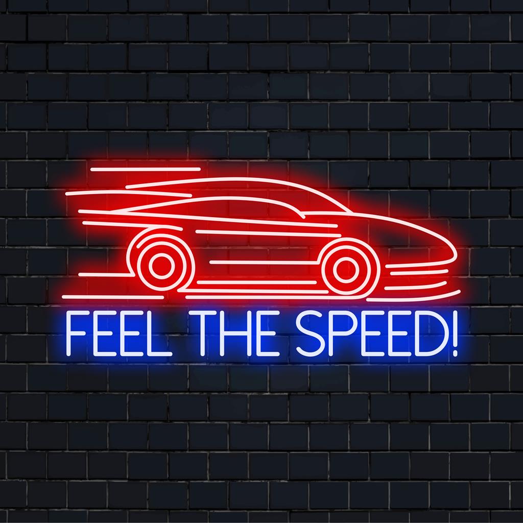 LED-neonreclame met de dynamische tekst Feel The Speed!, een oogverblindend decoratiestuk dat kunst en licht combineert in elke ruimte.