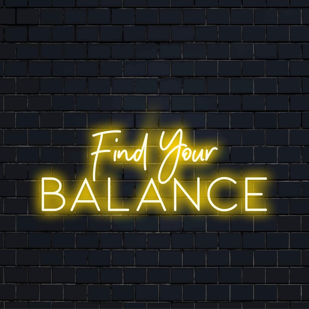 LED-neonreclame met de tekst Find Your Balance, in levendige kleuren; perfect om elke ruimte een persoonlijke sfeer te geven.