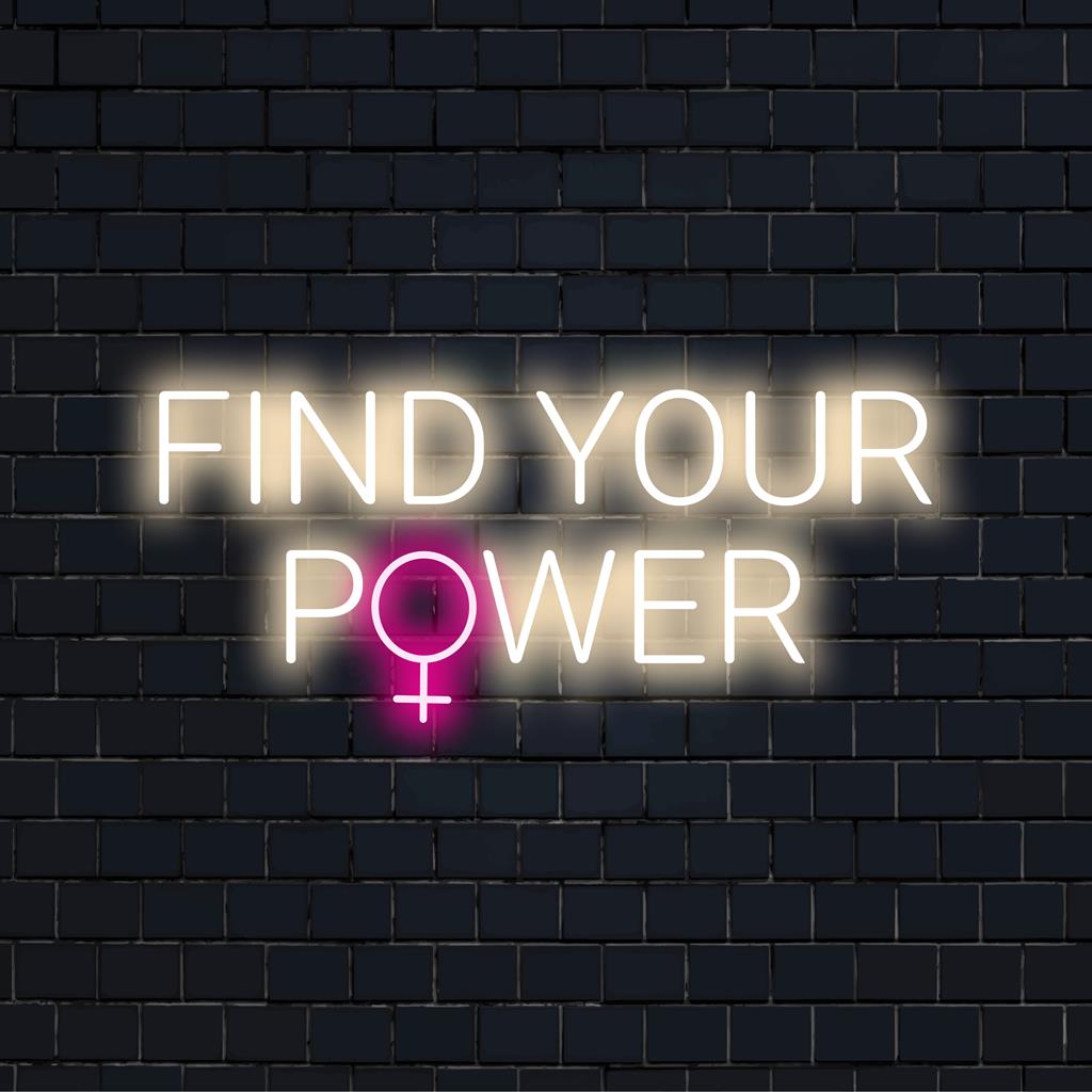 Een op maat gemaakt LED-neonbord met de inspirerende boodschap 'Find Your Power' in een levendig neonlichtdecor, ideaal voor elke ruimte.