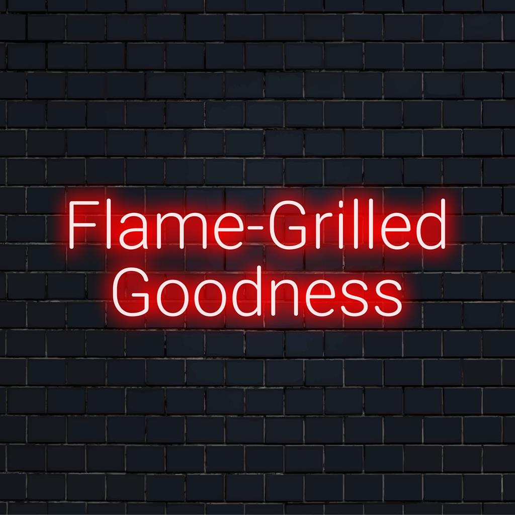 Op maat gemaakt LED-neonbord met de tekst Flame-Grilled Goodness, ideaal om een keuken of barbecueplek een neonstijl te geven.