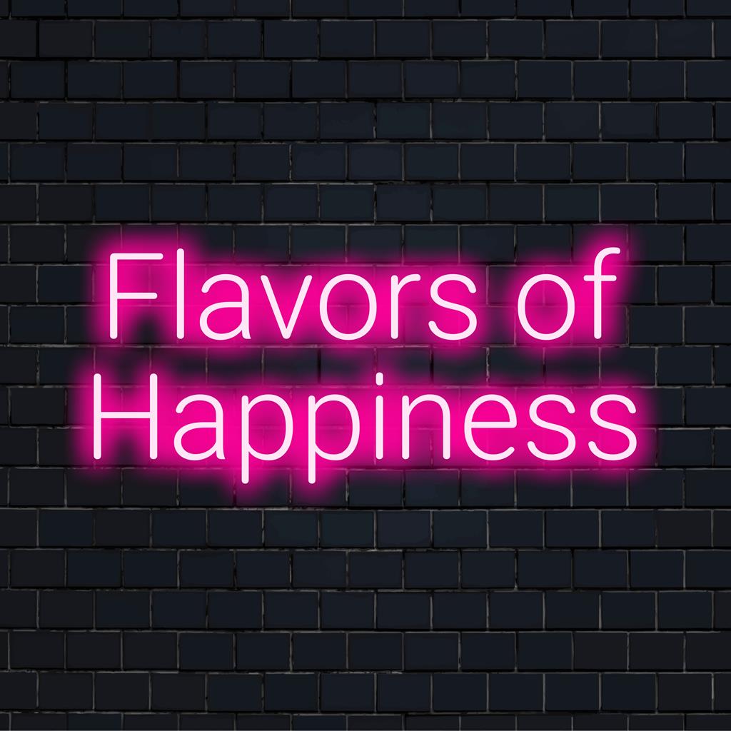 Levendig, op maat gemaakt LED-neonbord met de titel Flavors Of Happiness, met een uniek neonkunstontwerp. Perfect voor persoonlijke decoratie.