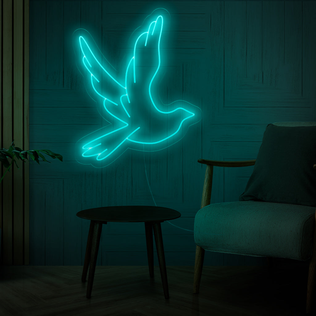 "Flying Dove Neon Sign" - Straalt rust uit, perfect voor spirituele ruimtes en evenementen, met het symbool van een vliegende duif.