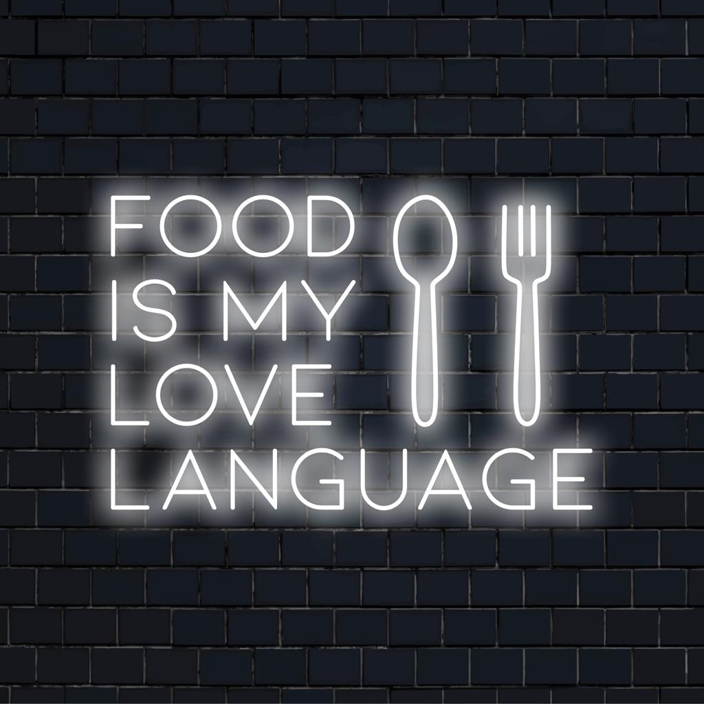 LED-neonreclame met de quote 'Food Is My Love Language'; perfect voor keukens of eetkamers; neonlichtkunstdecoratie.