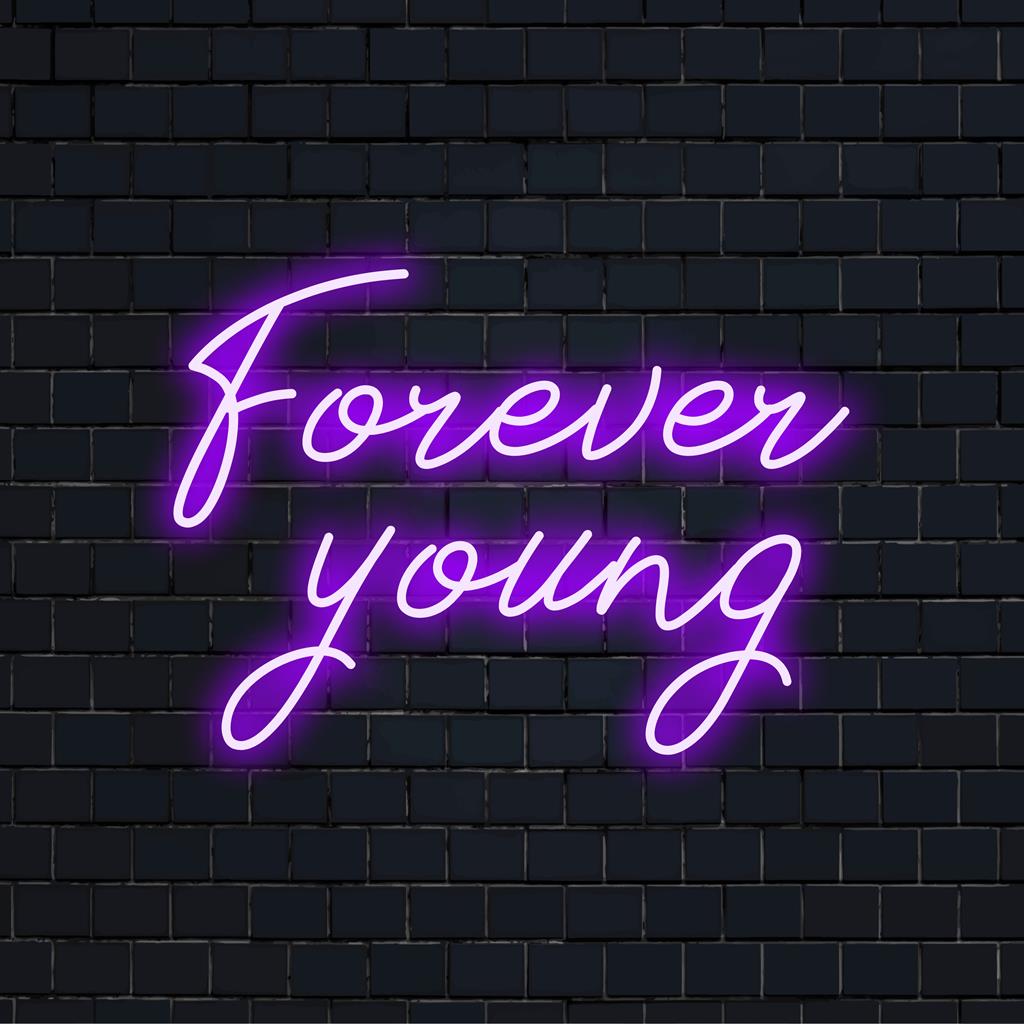 Levendig Forever Young LED-neonbord, perfect om een gepersonaliseerde gloed aan elke ruimte toe te voegen; ideaal voor liefhebbers van moderne interieurs.