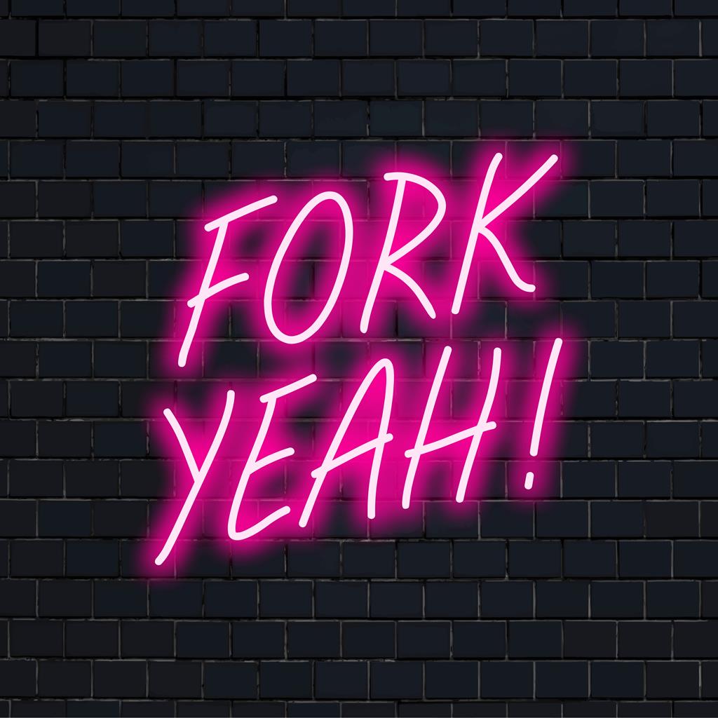 LED-neonbord met de tekst Fork Yeah!, perfect voor in de keuken of eetkamer; levendige neonkunst met een speelse en humoristische toon.