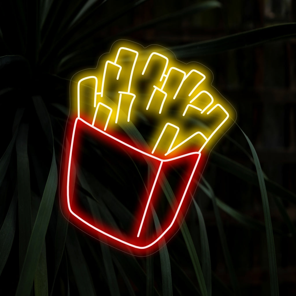 "French Fries Neon Sign" - Sissend van de fastfoodsfeer, perfect voor restaurants en snackbars, ter ere van de knapperige en heerlijke aantrekkingskracht van frietjes.