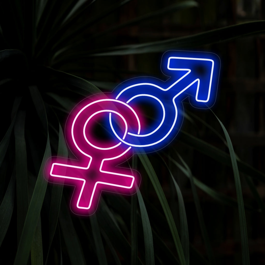 "Gender Symbol Neon Sign" - Straalt een boodschap van diversiteit en inclusie uit, perfect voor ruimtes die genderbewustzijn bevorderen en klinieken, ter ondersteuning van genderinclusiviteit.