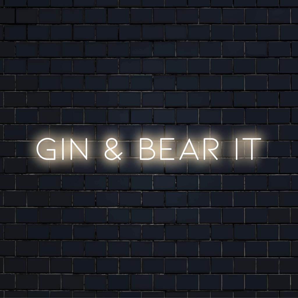 Op maat gemaakt LED-neonbord met de tekst Gin And Bear It, perfect om elke ruimte een unieke lichtdecoratie te geven.