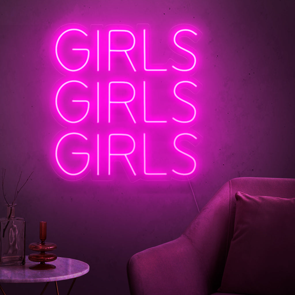 "Girls Girls Girls Neon Sign" - Straalt een levendige en sprankelende sfeer uit, perfect voor uitgaansgelegenheden en bars, en creëert een bruisende en opwindende ambiance.