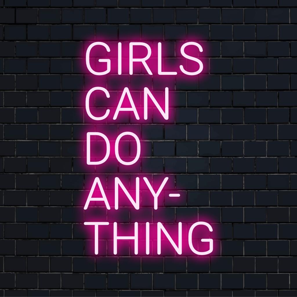 Op maat gemaakt LED-neonbord met de tekst Girls Can Do Anything in stralende kleuren, perfect als inspirerende wanddecoratie.