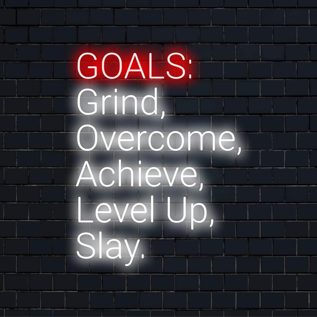 Op maat gemaakt LED-neonbord met de motiverende zinnen Grind, Overcome, Achieve, Level Up, Slay neonlichtkunst.