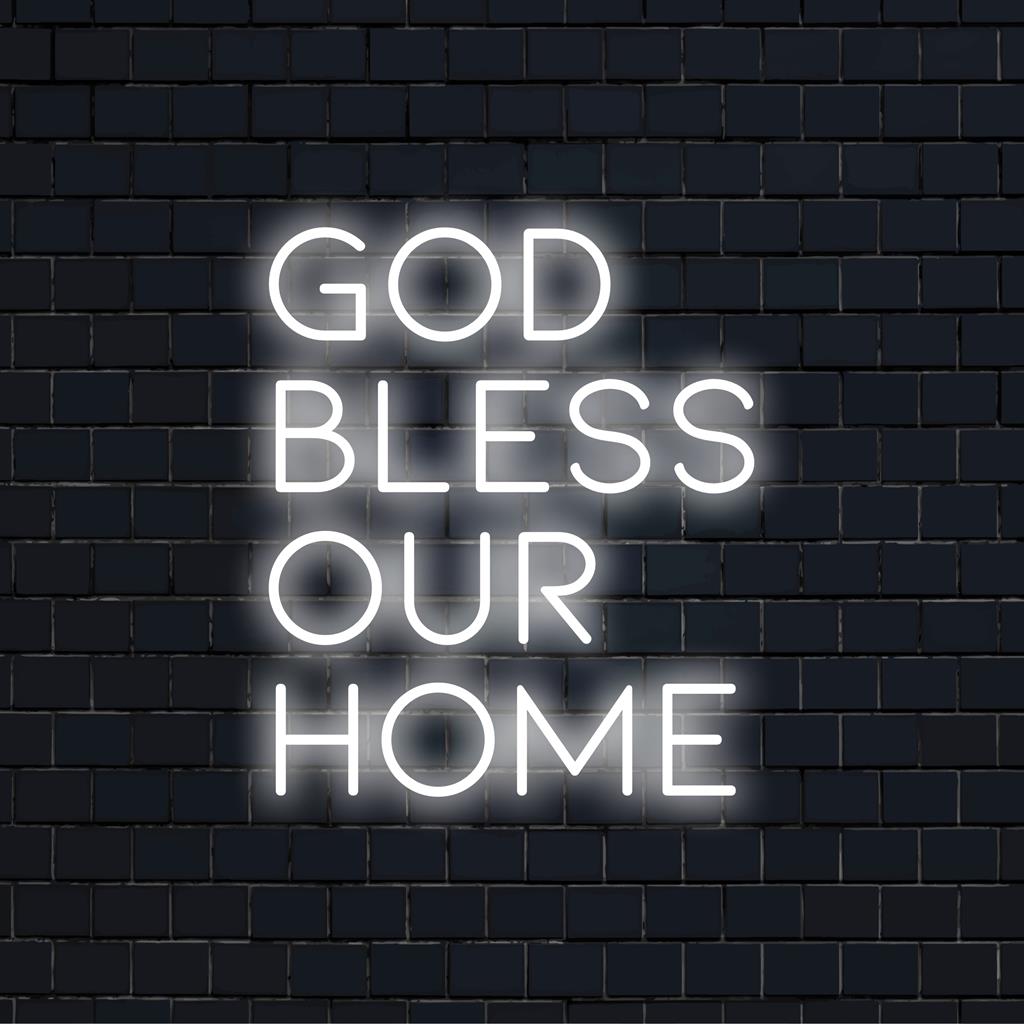 Speciaal vormgegeven LED-neonreclame met de tekst God Bless Our Home, perfect voor gepersonaliseerde interieurdecoratie en een spirituele sfeer.