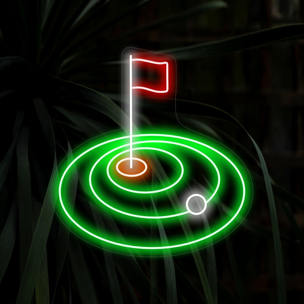 "Golf Hole Neon Sign" - Straalt de geest van het spel uit, perfect voor ruimtes met een golfthema en sportbars, ter ere van de liefde voor golf en de spanning van de perfecte hole.