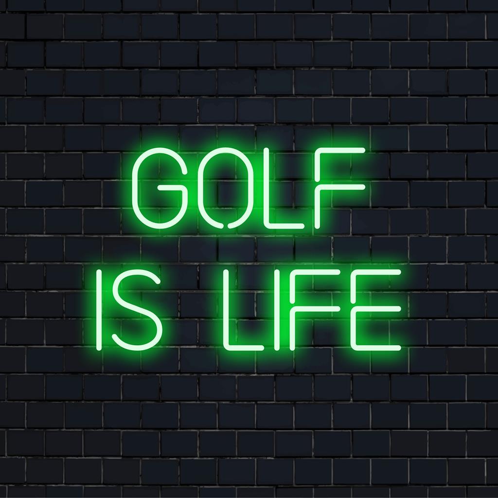 Op maat gemaakt LED-neonbord met de tekst Golf Is Life in felle, levendige kleuren, ideaal voor sportliefhebbers, liefhebbers van neon-muurkunst en op maat gemaakte decoraties.