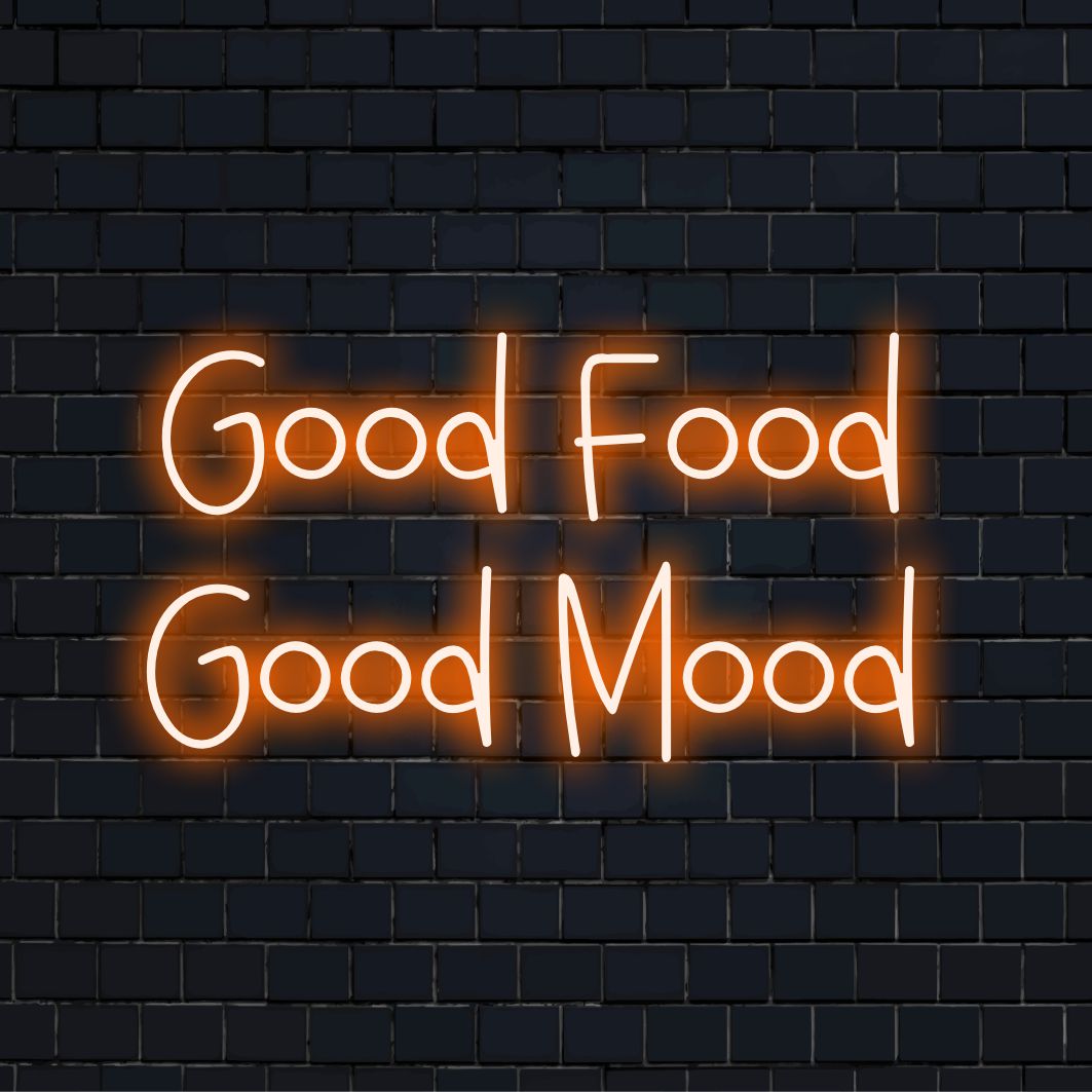 "Good Food Good Mood Neon Sign" - Positieve vibes uitstralen voor fijnproevers en culinaire ruimtes, met de nadruk op de connectie tussen lekker eten en een goed humeur.