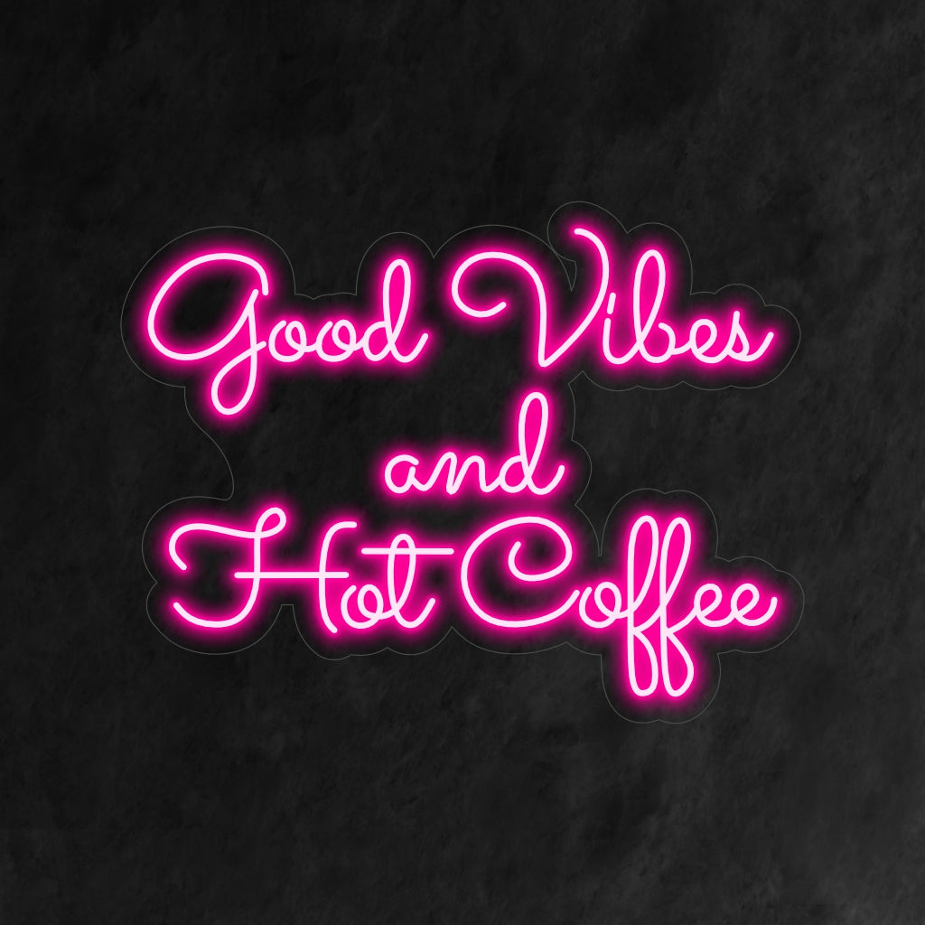 "Good Vibes and Hot Coffee Neon Sign" is een gezellige en uitnodigende toevoeging aan het interieur van je café. Een neonlamp die goede vibes combineert met het comfort van warme koffie.