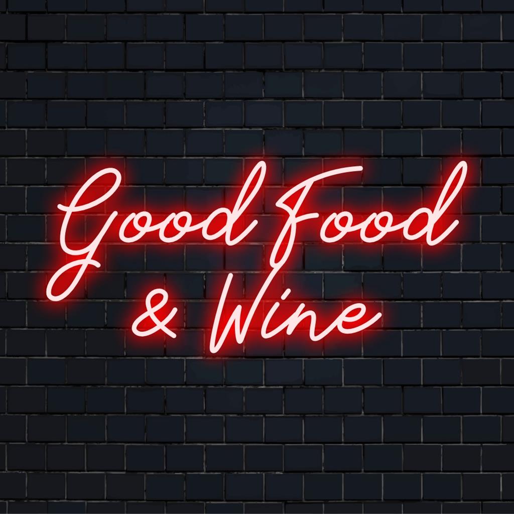 Speciaal neonlicht met de tekst 'Good Food & Wine'. Perfect voor in de keuken of bar, verlicht uw ruimte met warm ledlicht.