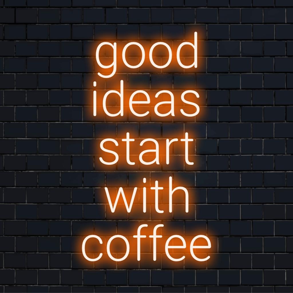 Een aangepast LED-neonbord met de tekst Goede ideeën beginnen met koffie, ideaal om flair toe te voegen aan de ruimte van elke koffieliefhebber.