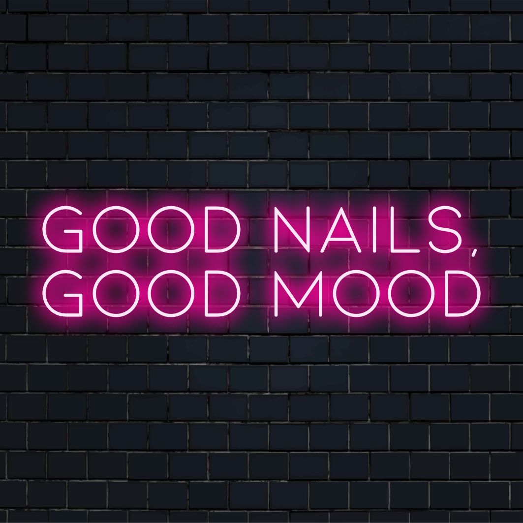 Levendig roze 'Good Nails, Good Mood' LED-neonbord, perfect voor beautyliefhebbers die op zoek zijn naar een levendige inrichting.