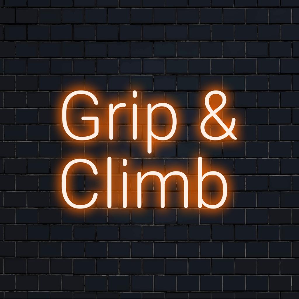 Op maat gemaakt LED-neonbord Grip and Climb, met heldere typografie en creativiteit voor een unieke decoratie.